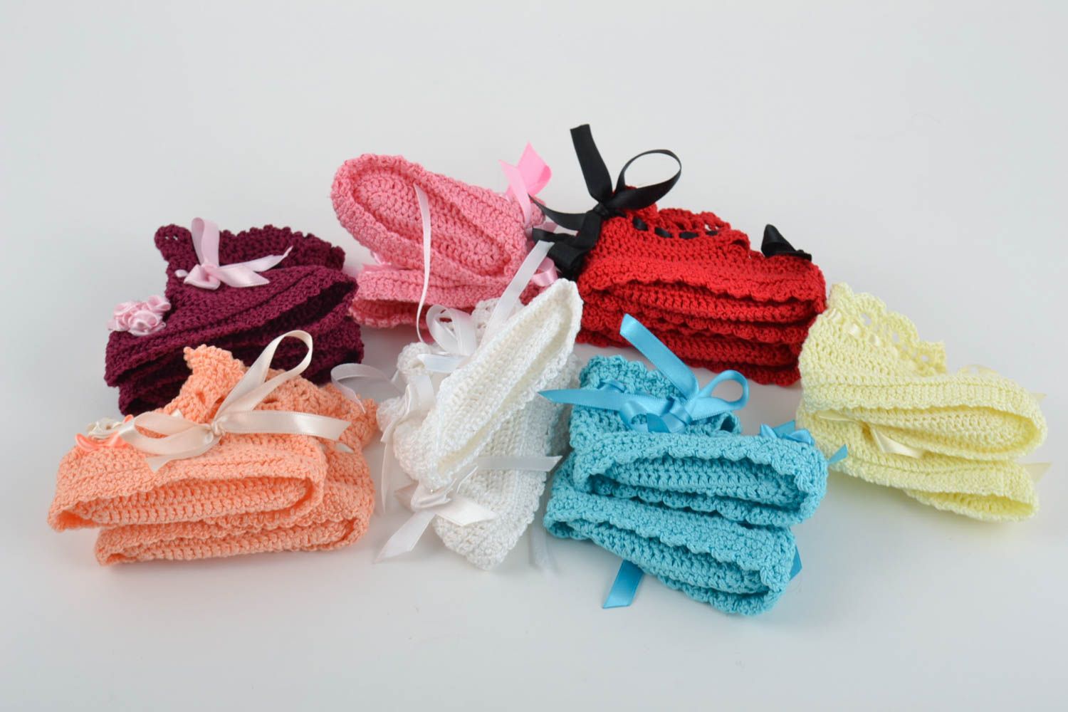 Set of handmade colorful bright crocheted baby booties with ribbons 7 pairs photo 5