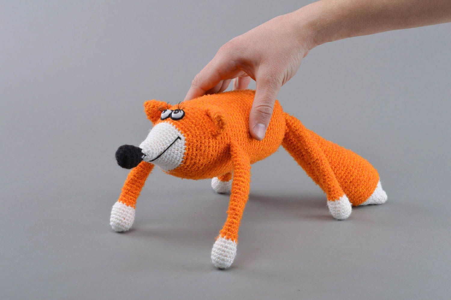 Handmade designer crocheted soft toy bright orange funny fox for children photo 4