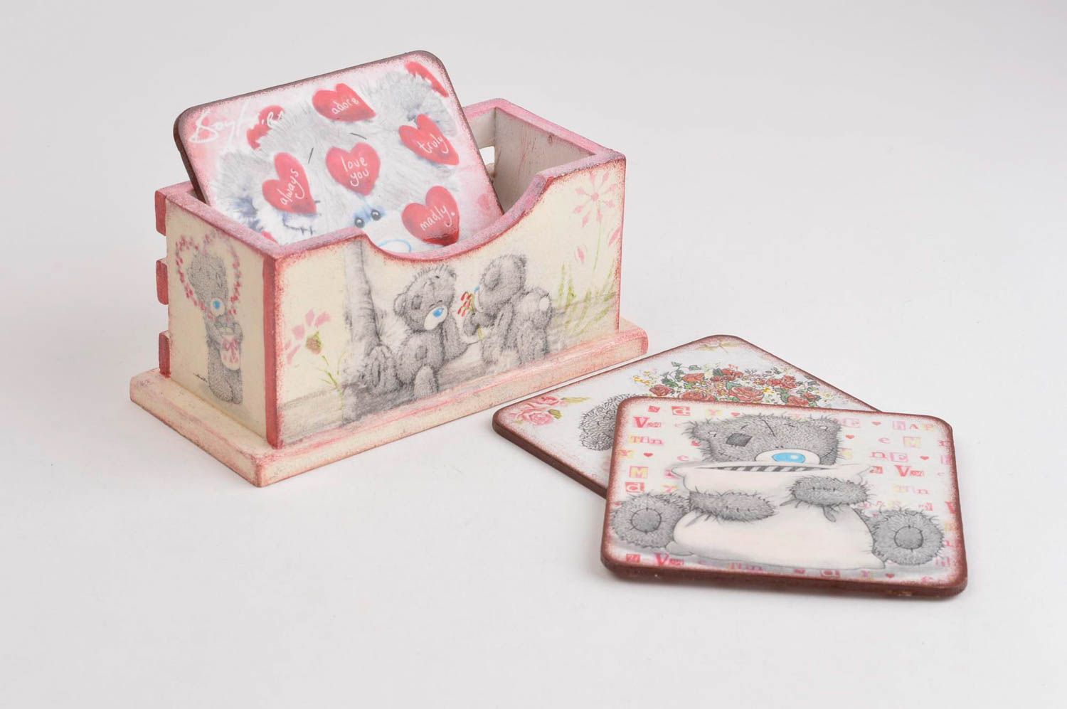 Posavasos originales y caja artesanales pintados con osos accesorios de cocina foto 1