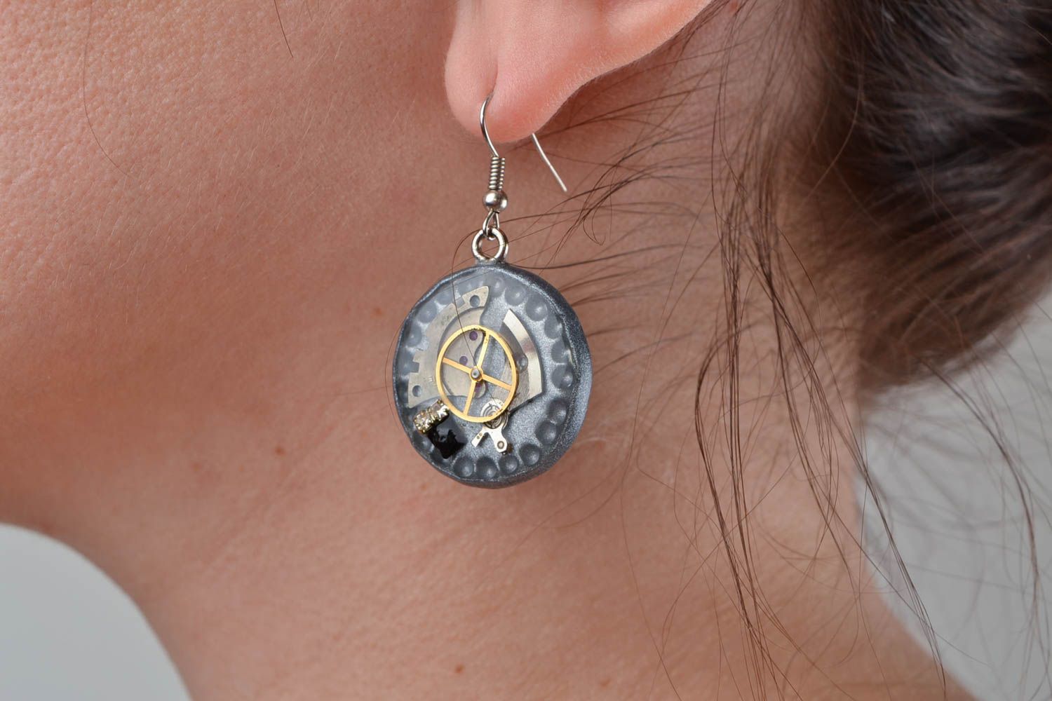 Beautiful handmade designer polymer clay round earrings in steampunk style photo 2