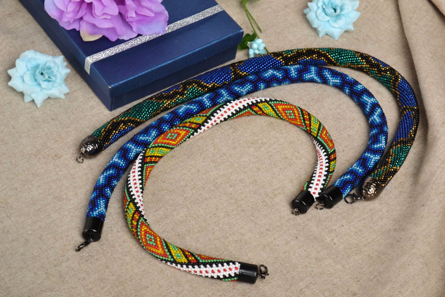 Handmade seed bead necklace mosaic necklace beaded cord jewelry fashion jewelry photo 1