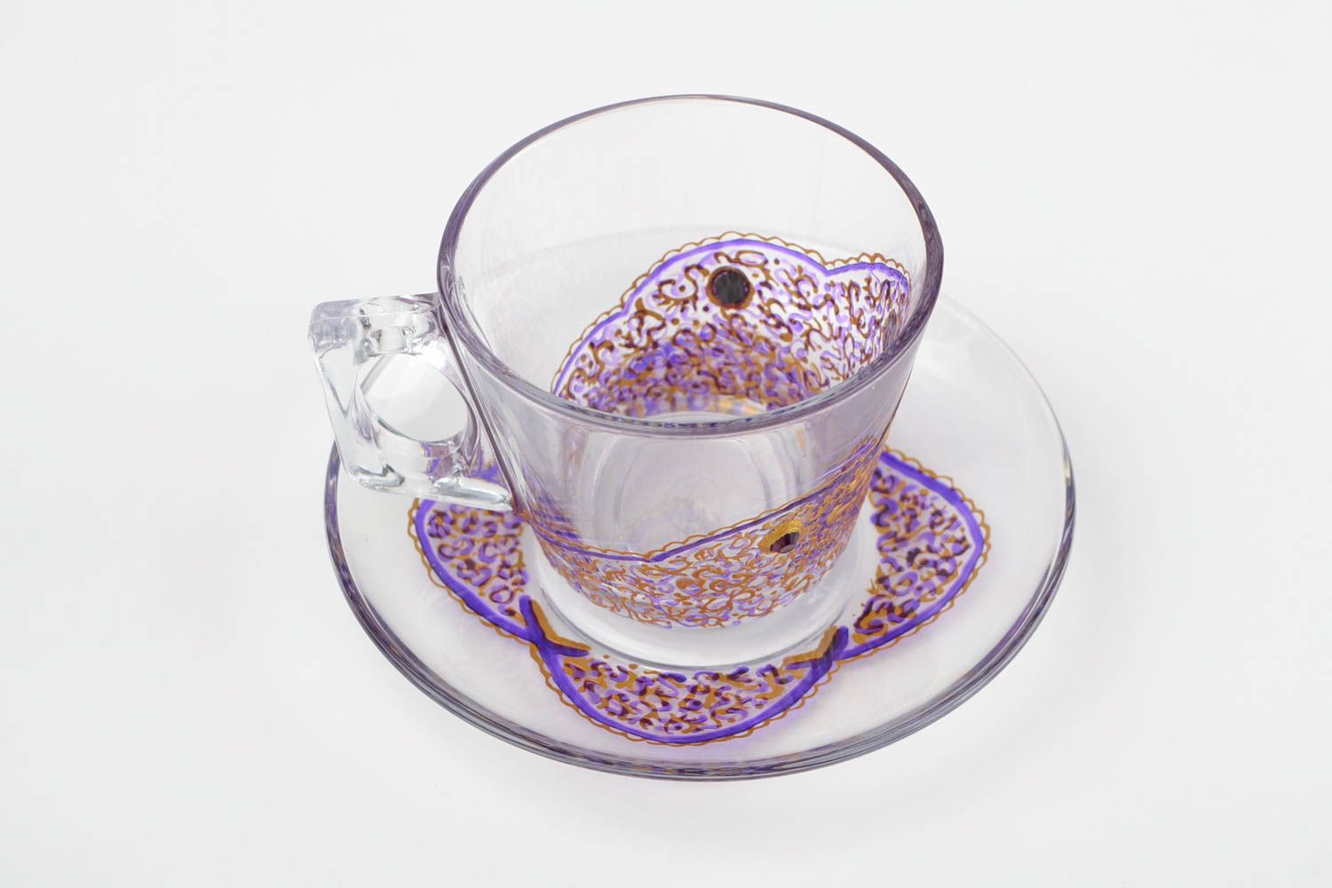 Clear glass 6 oz teacup with saucer and handle. Purple and gold pattern photo 3