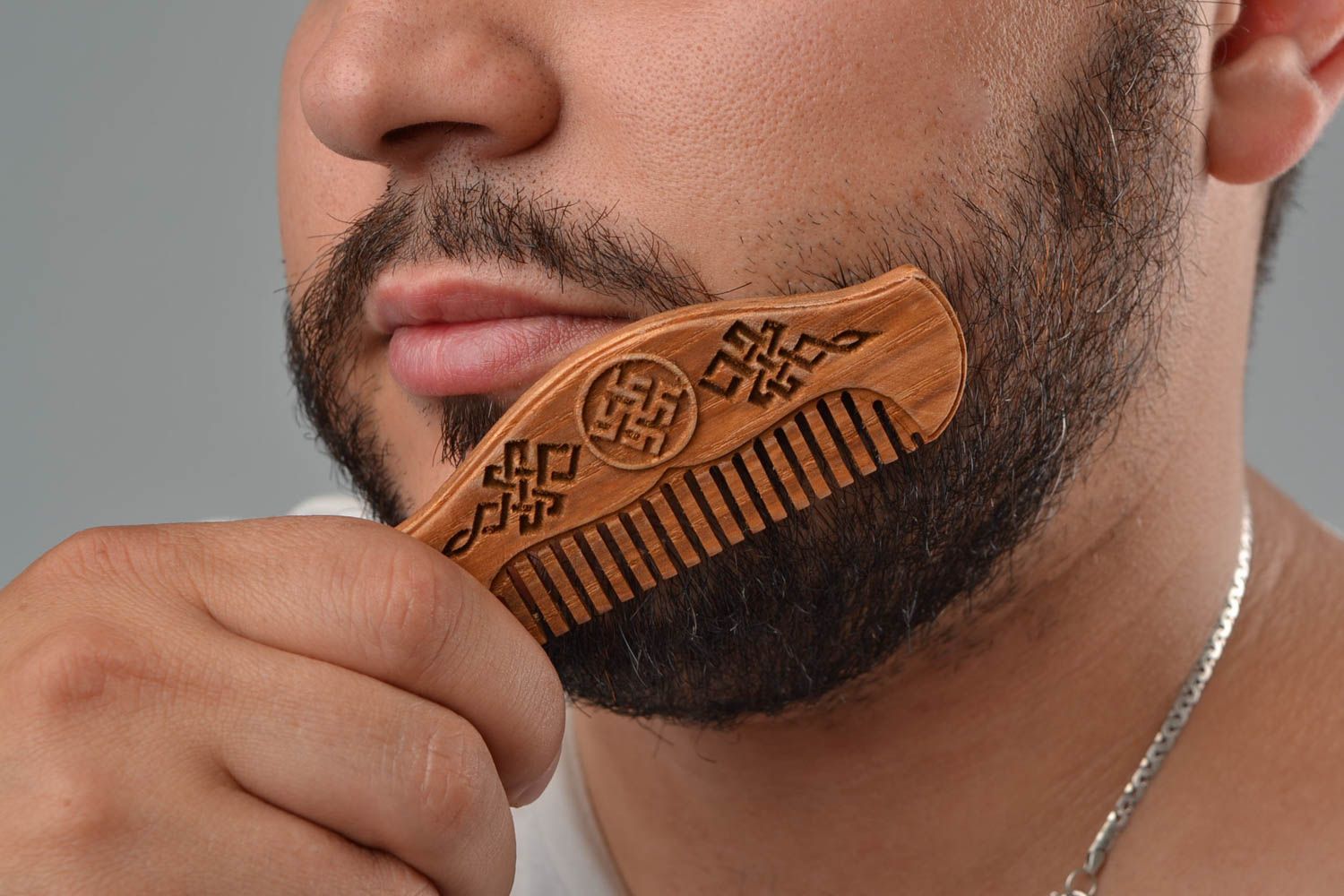 Handmade designer carved oak wood natural mustache and beard hair comb photo 2