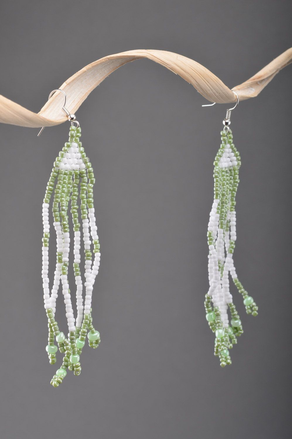 Handmade tender green and white long beaded earrings with fringe for romantic girl photo 1