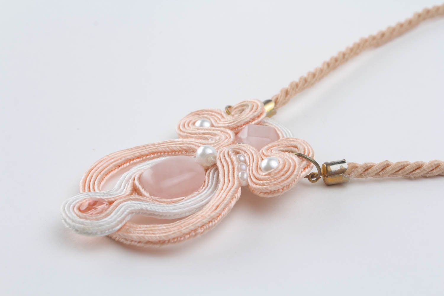 Soutache necklace pendant with pink quartz photo 1