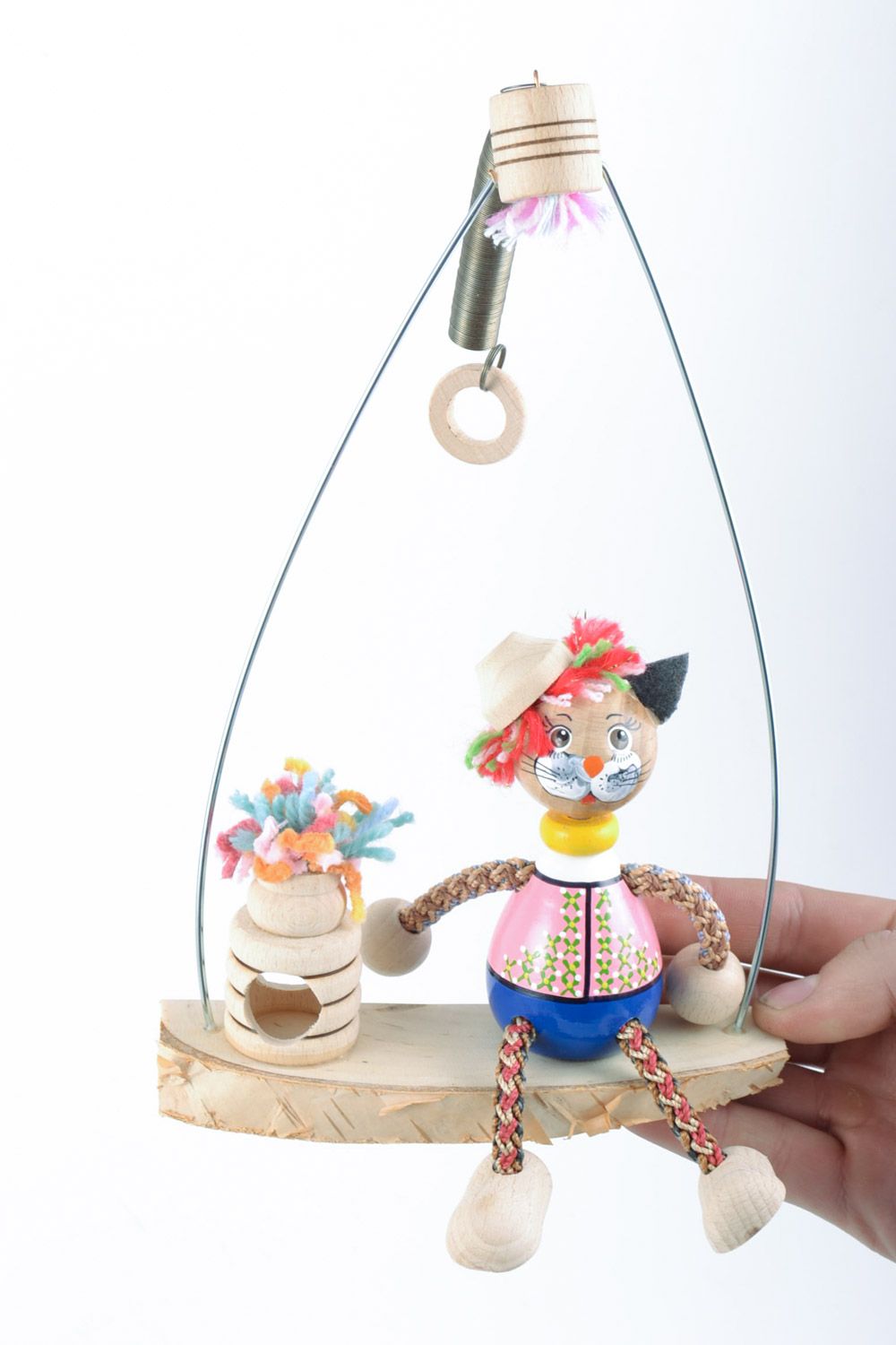 Handmade painted wooden toy with spring for interior decor Cat photo 2