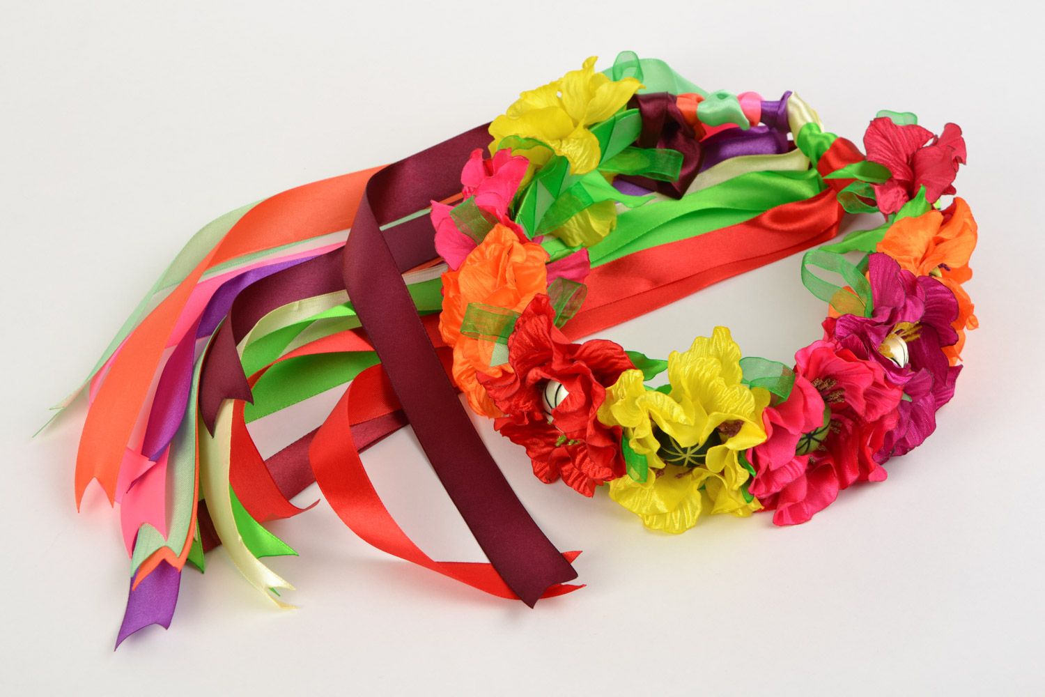 Handmade bright multicolored flower head wreath with satin ribbons photo 3