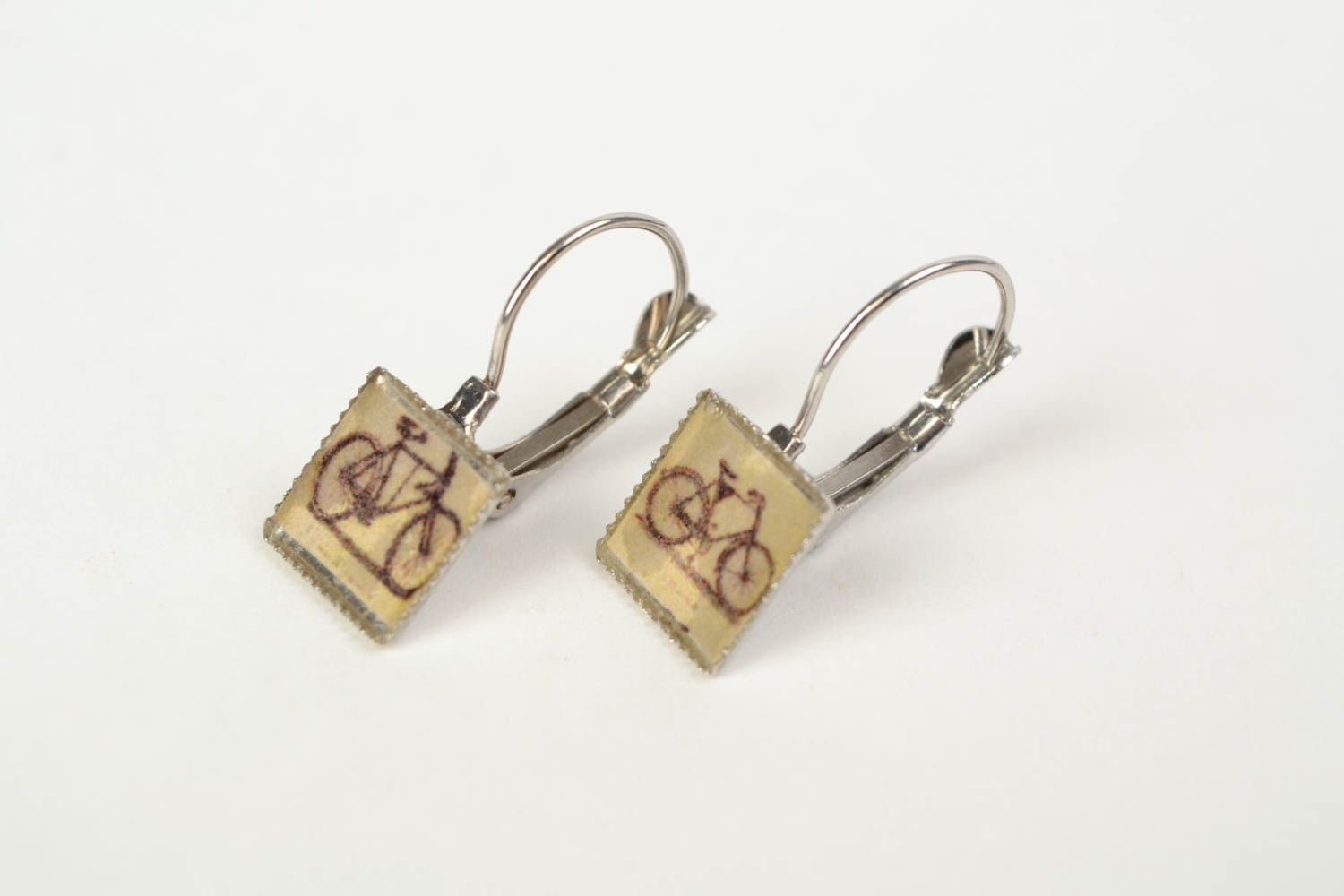 Handmade decoupage jewelry resin earrings with print Bicycles photo 1