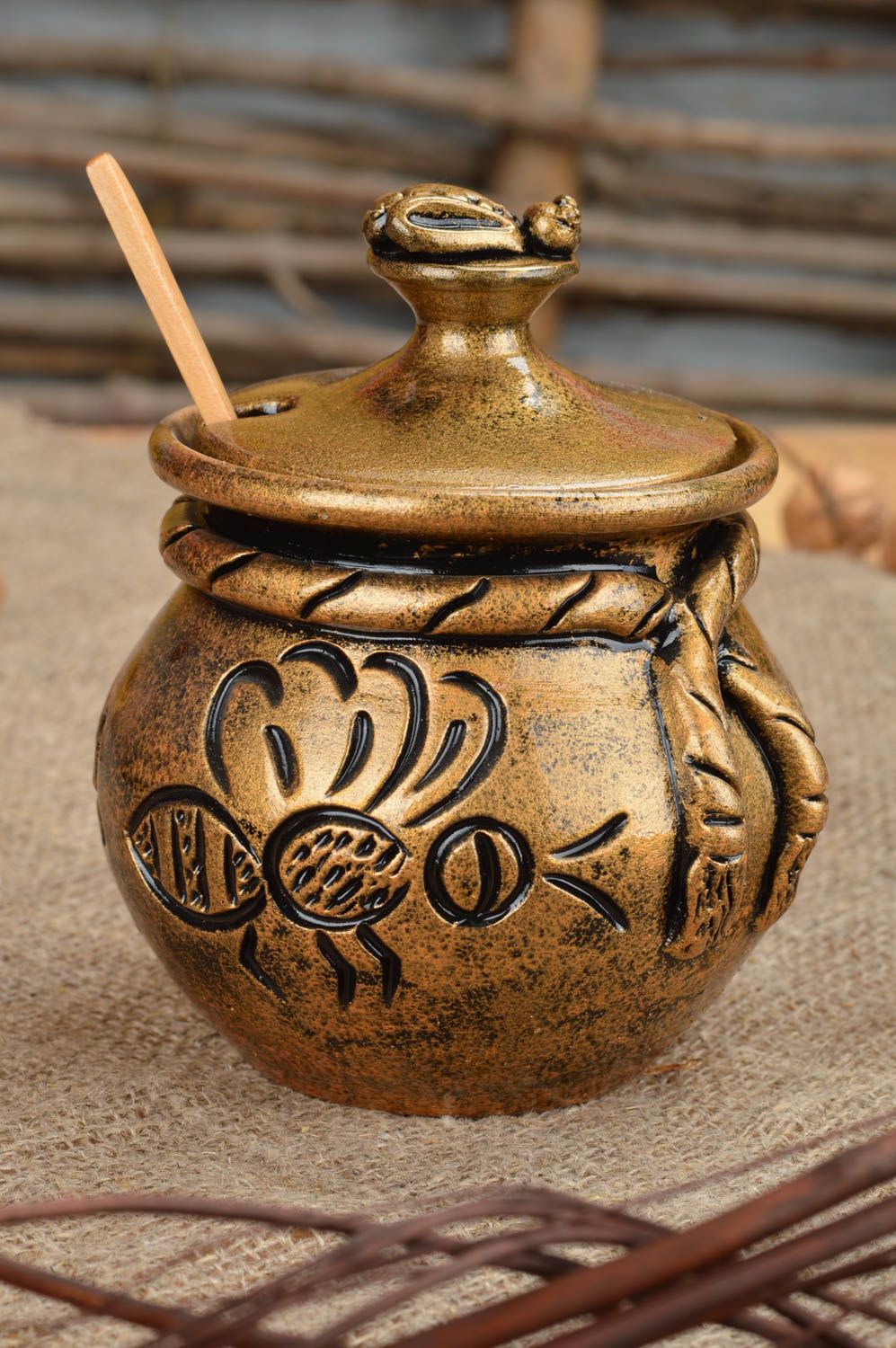 Petit pot à miel en céramique avec couvercle et cuillère en bois fait main 20 cl photo 1