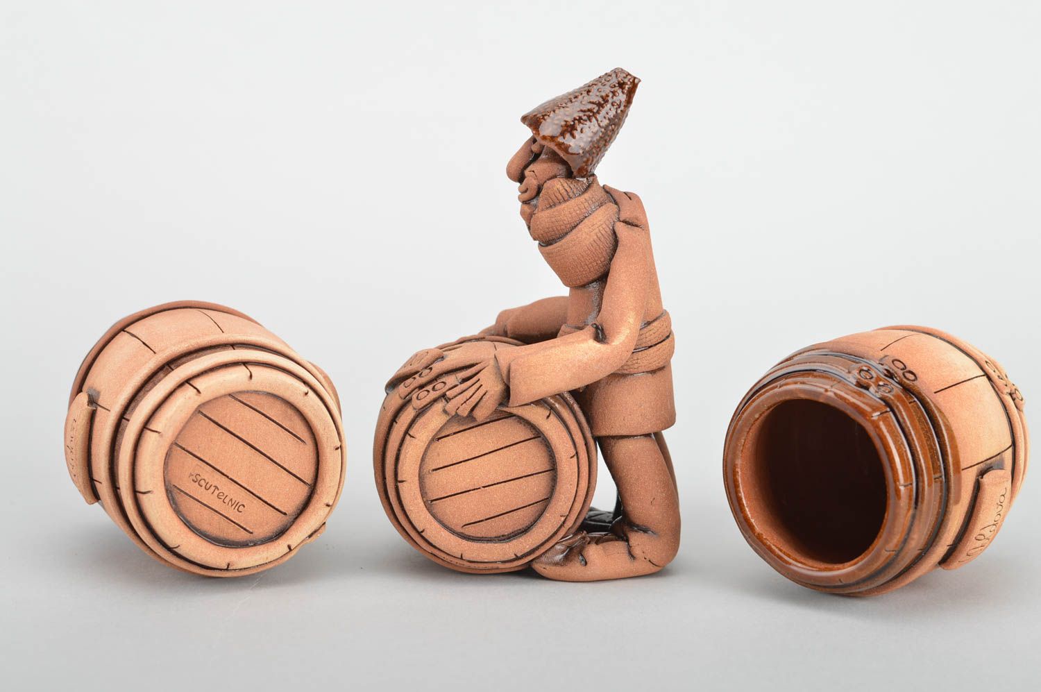 Beautiful brown handmade designer ceramics set clay figurine and 2 glasses photo 2