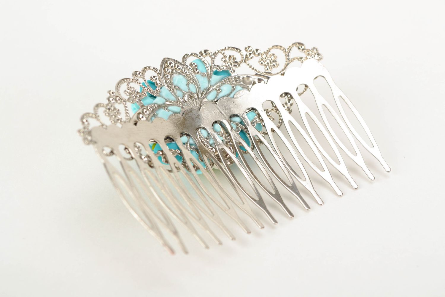 Metal hair comb with polymer clay flowers photo 4