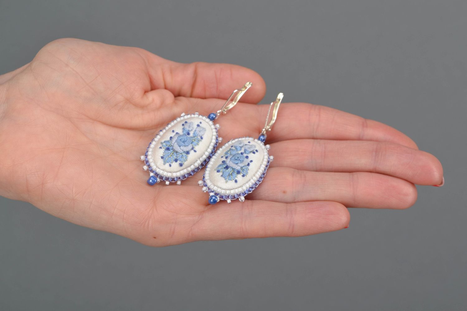 Satin stitch earrings with beads White and Blue photo 2