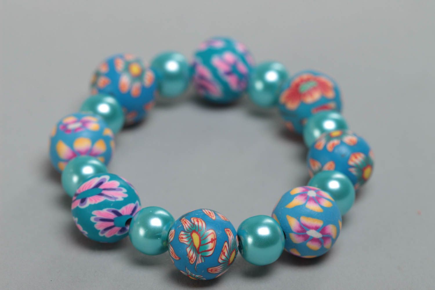 Nice blue handmade children's polymer clay wrist bracelet with beads photo 2