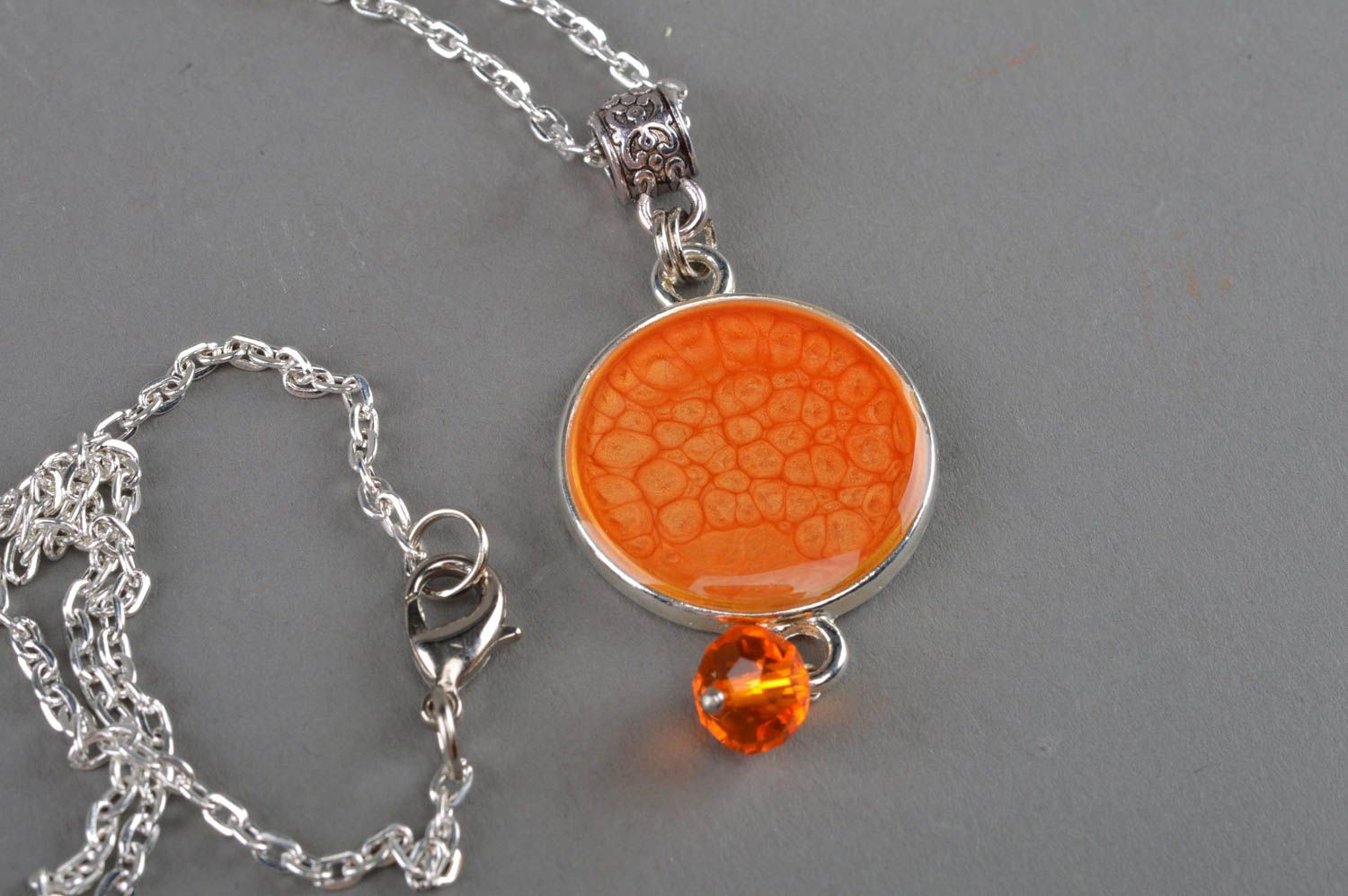 Handmade designer orange epoxy pendant decorated with decoupage and equipped with metal chain photo 2