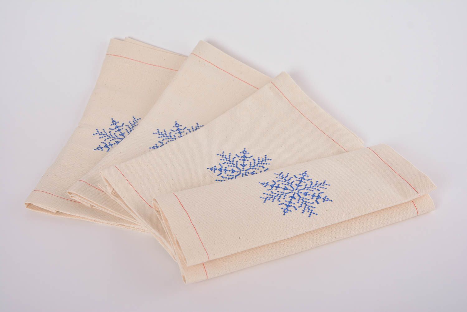 Set of 4 handmade designer semi line cloth napkins with embroidery Snowflakes photo 1