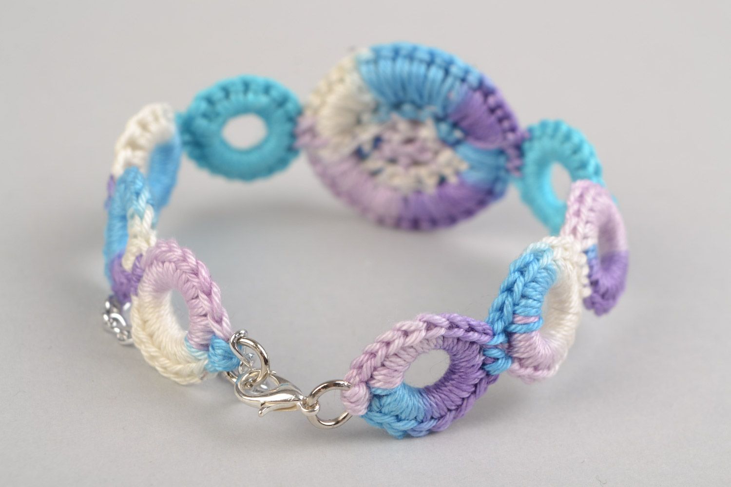 Handmade wrist bracelet woven of cotton threads and rhinestones in blue color photo 4