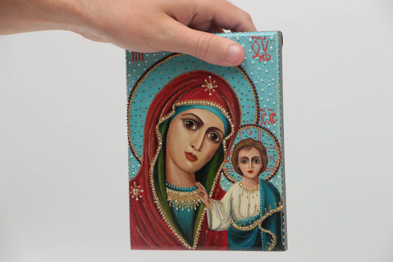 Handmade orthodox icon painted with gouache on wooden basis with rhinestones photo 5