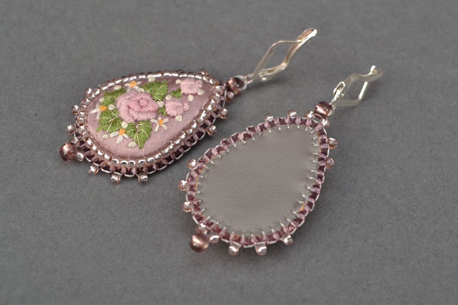 Satin stitch embroidered earrings with beads Pink Drop photo 3