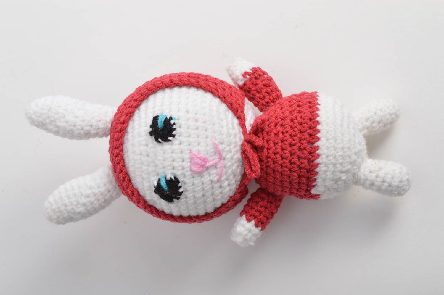 Handmade small soft toy crocheted of white and red semi cotton threads Rabbit photo 2