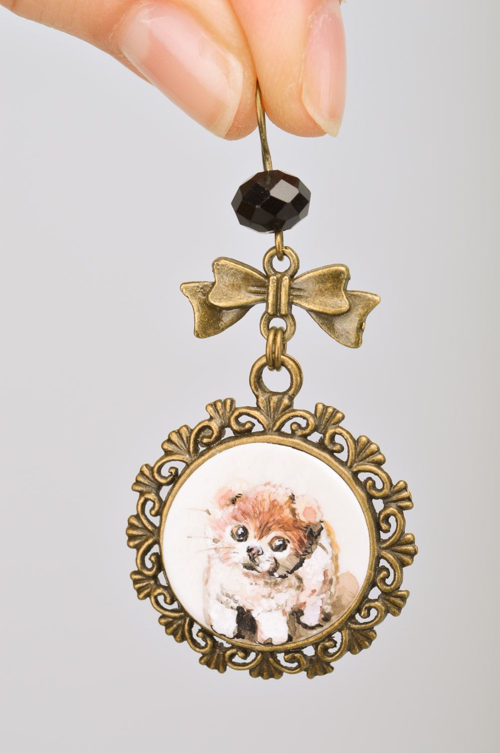 Set of handmade metal dangle earrings with miniature painting 2 items photo 5