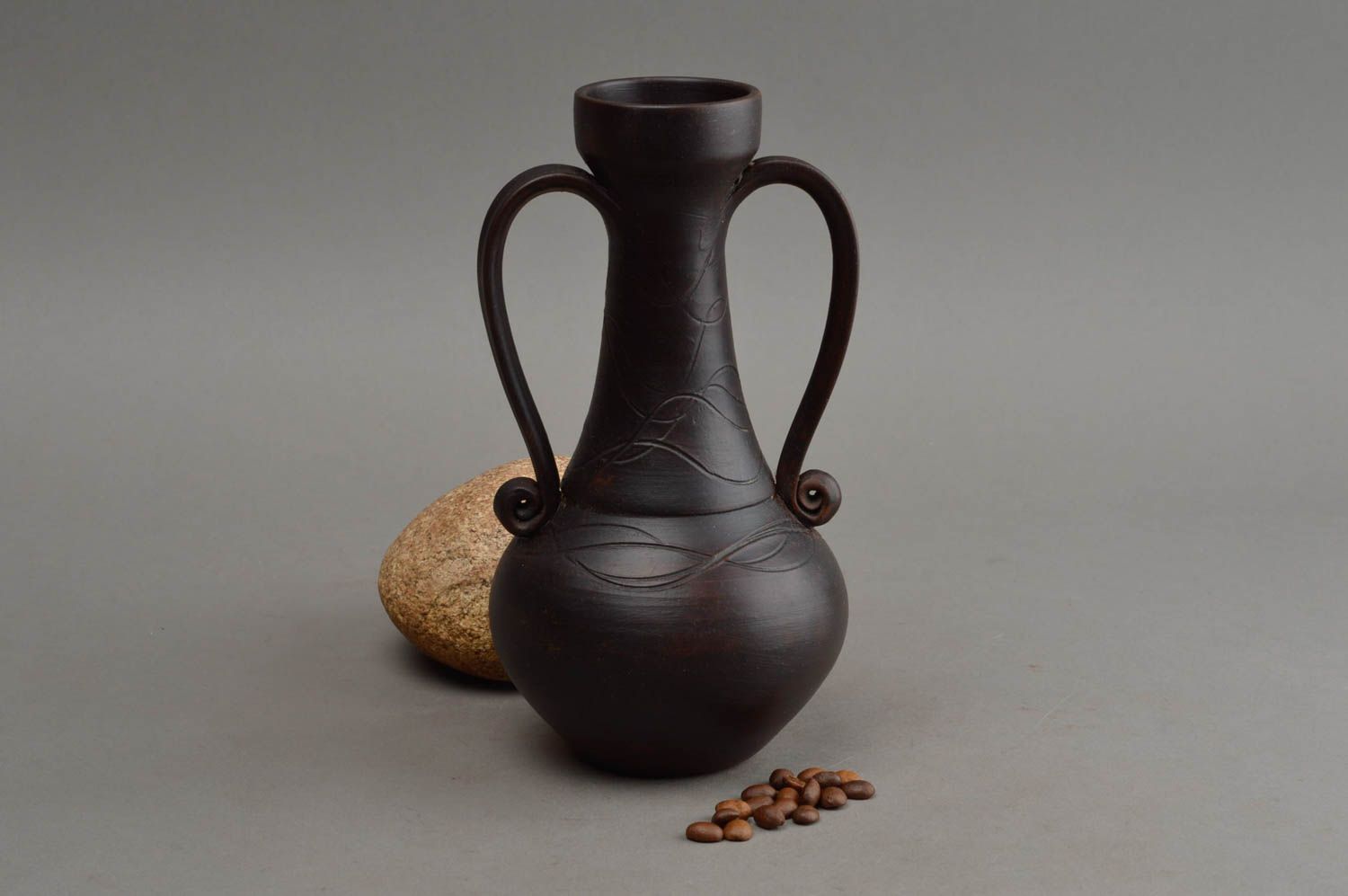 8 inches handmade dark brown wine amphora vase with tqo handles 1 lb photo 1