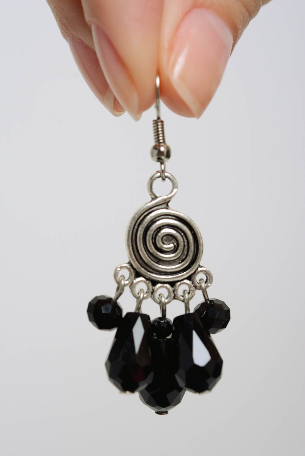 Handmade massive metal earrings with black glass beads photo 3
