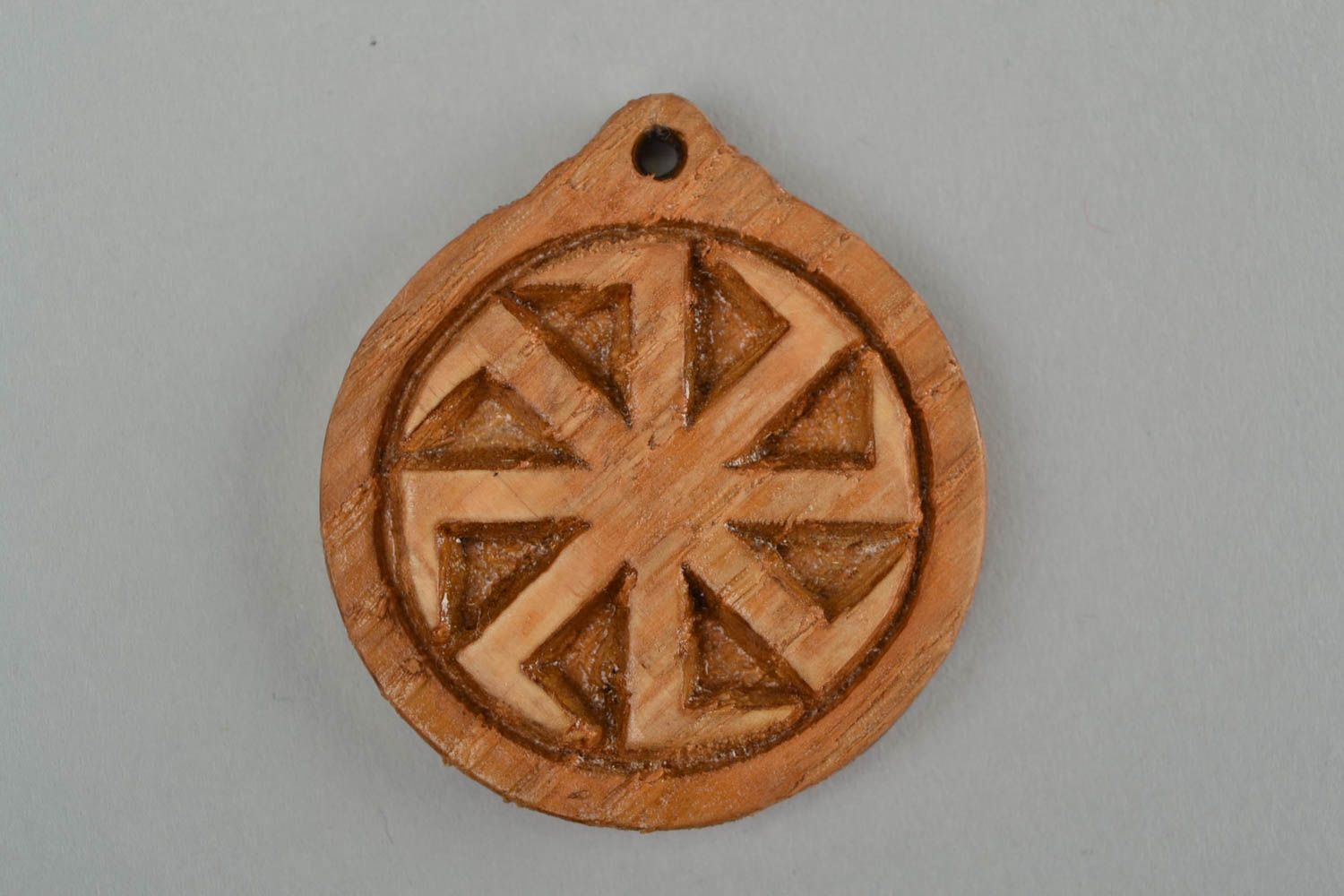 Wooden handmade Slavic talisman pectoral amulet Kolovrat in ethnic style photo 3