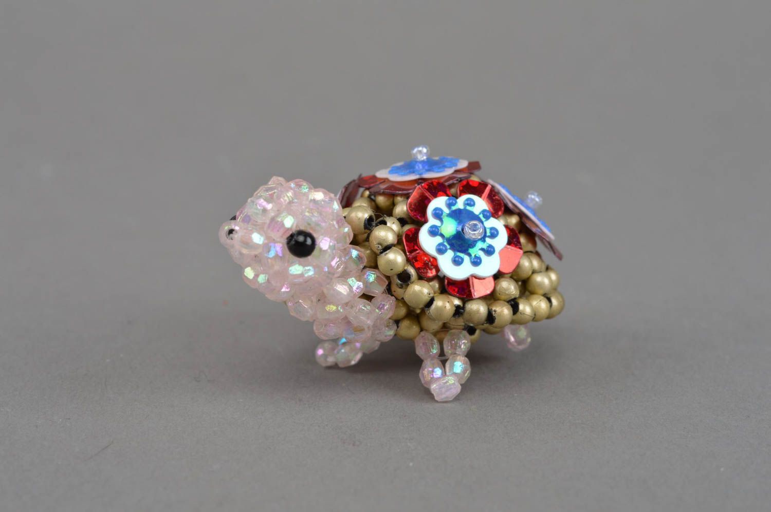 Handmade designer miniature bead woven figurine of turtle with flowers on armor photo 3