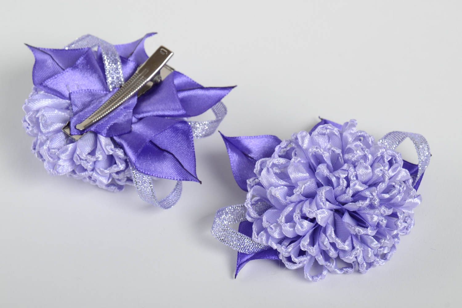 Handmade satin ribbon hair clips flower barrettes hair accessories set 2 pieces photo 2