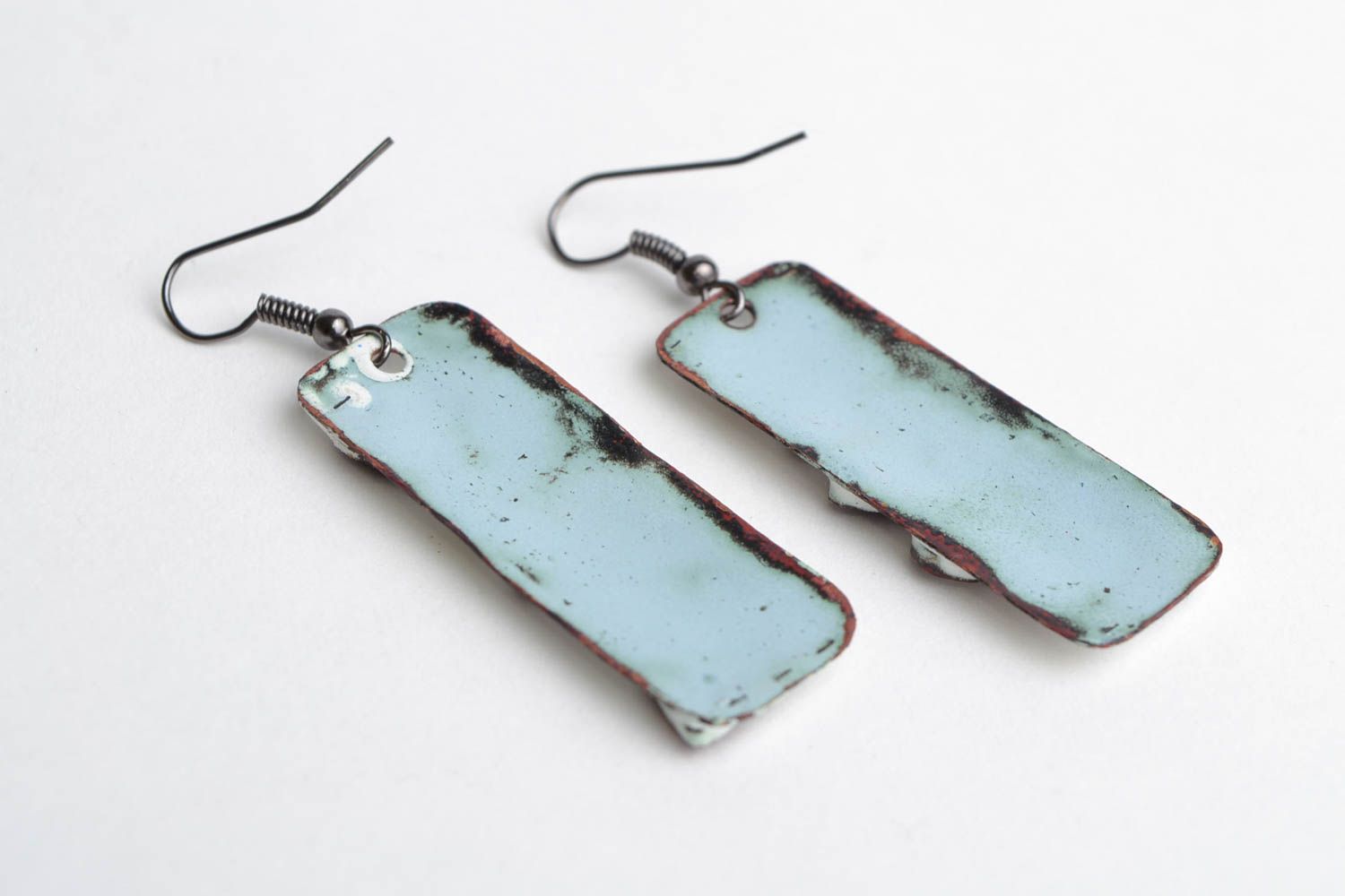 Handmade designer enameled copper dangling earrings of rectangular shape  photo 5
