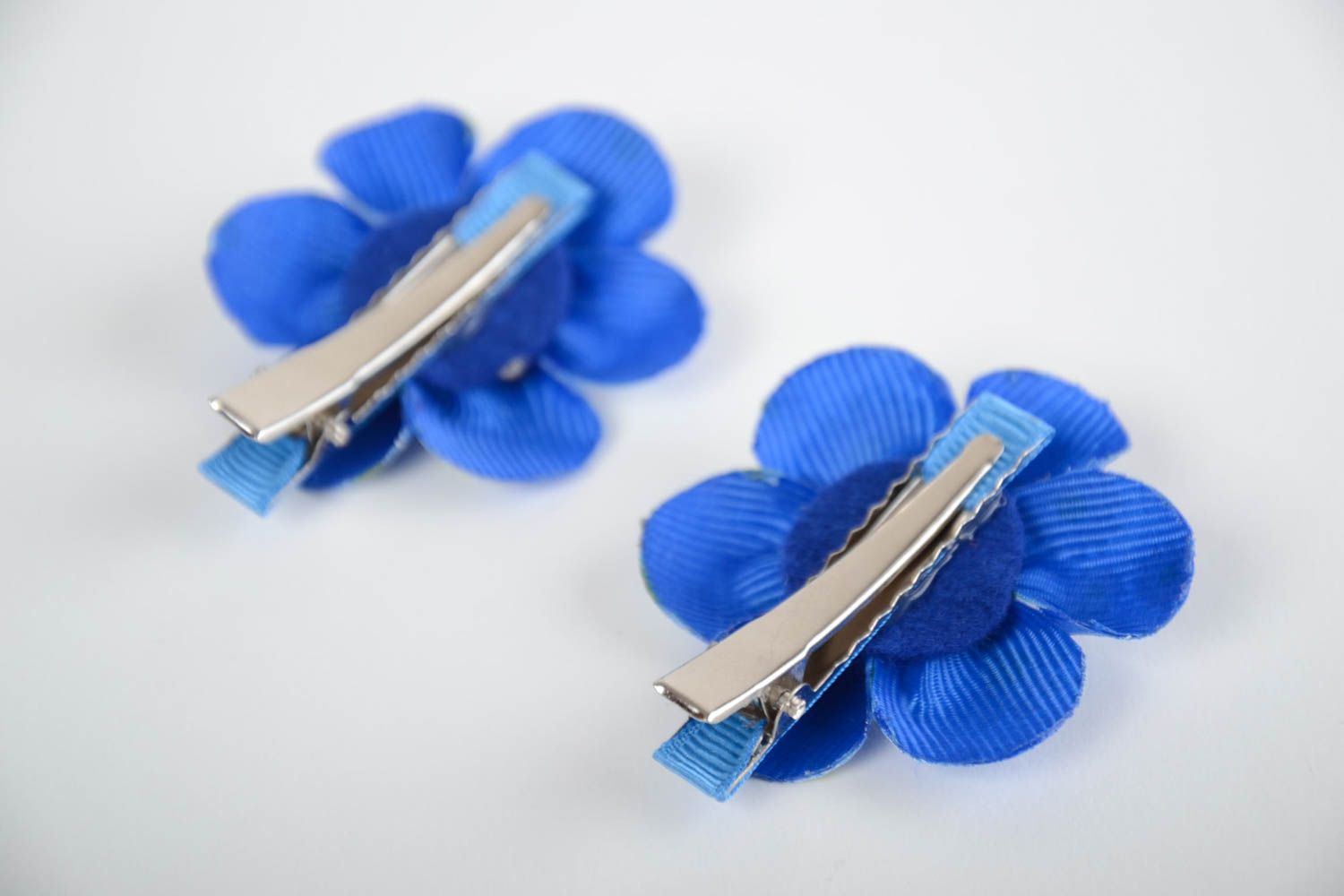 Children's handmade designer blue rep ribbon flower hair clips set 2 pieces photo 4