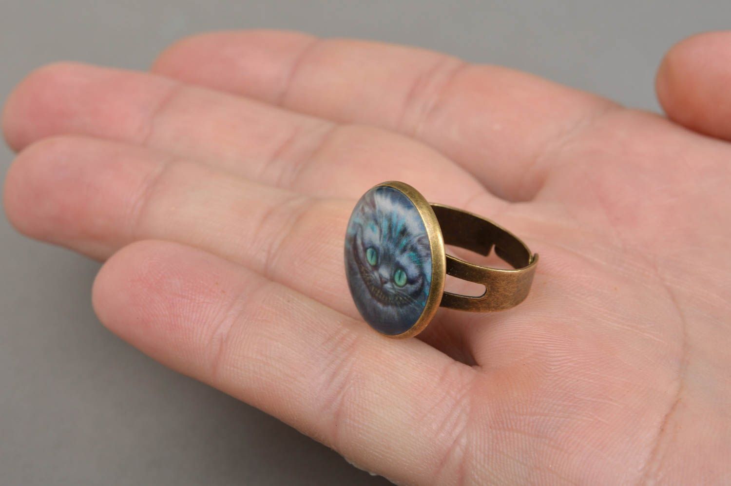 Handmade ring with decoupage in epoxy resin on metal base stylish jewelry photo 4