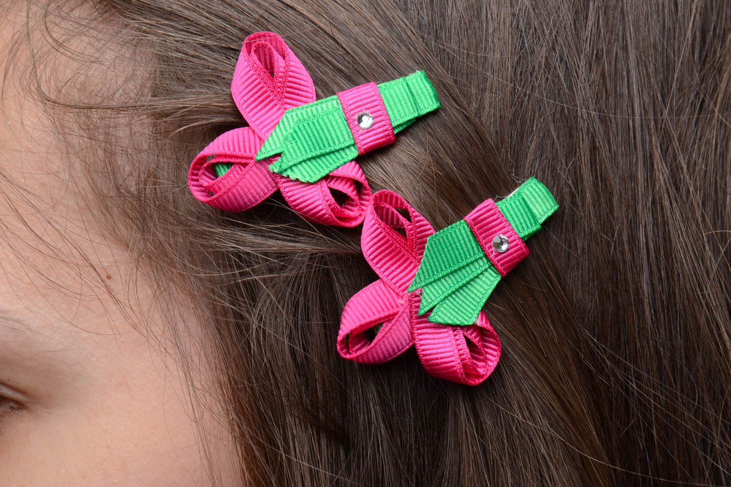Set of handmade hairpins 2 pieces made of rep ribbons small bright children accesory photo 5