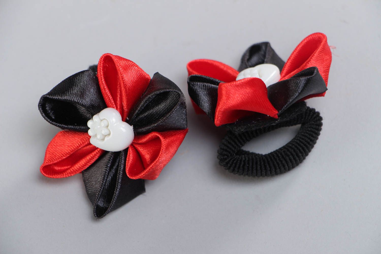 Handmade set of satin ribbon scrunchies made using kanzashi technique hair accessories photo 3
