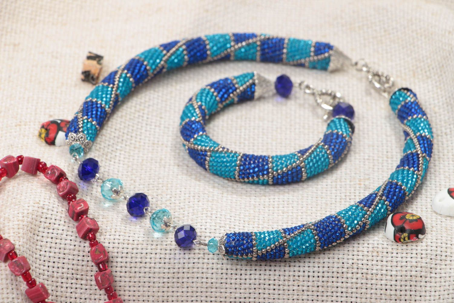 Set of handmade bead woven jewelry in blue color necklace and wrist bracelet photo 1