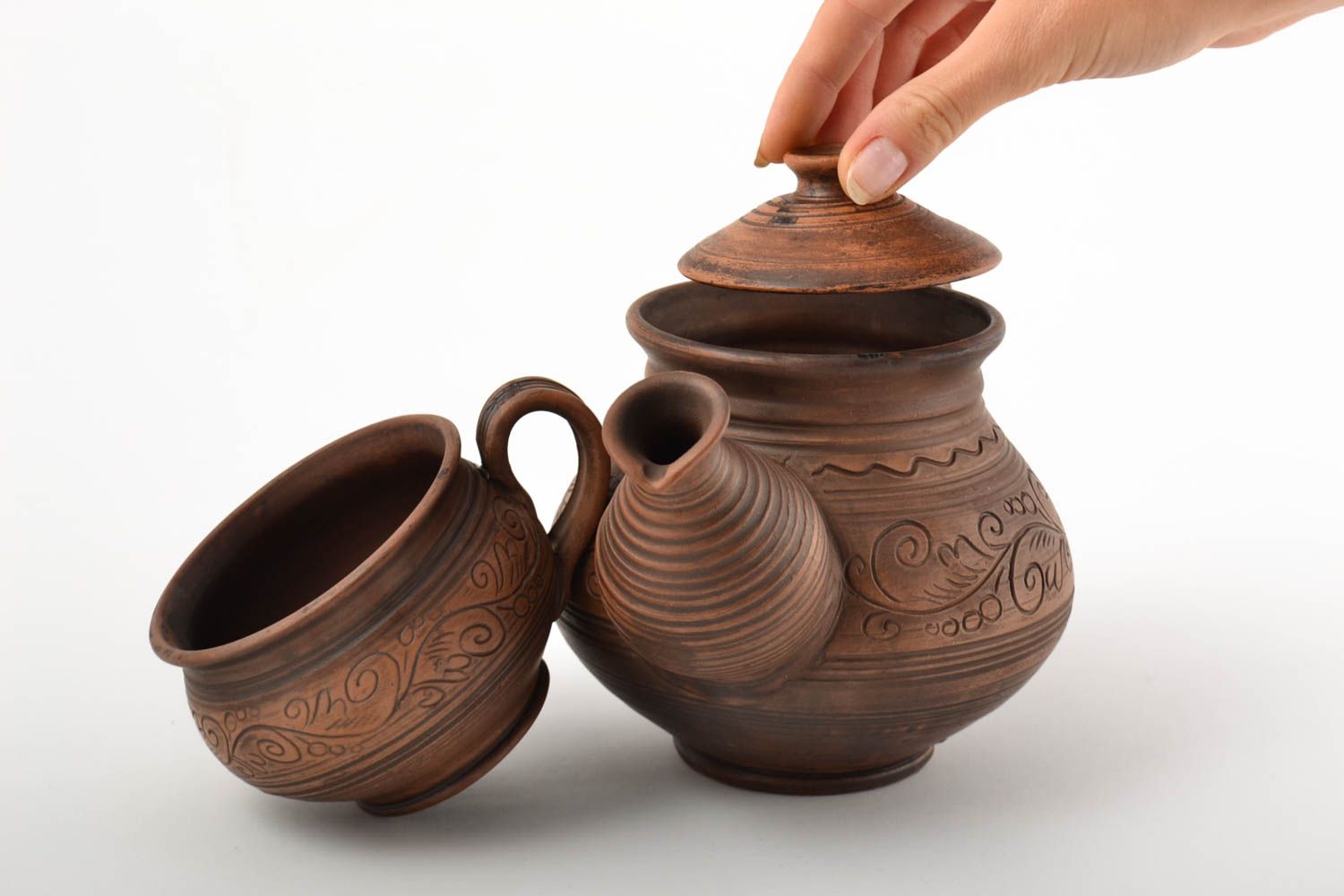 Handmade Keramik Geschirr Set Teeservice Keramik Teekanne aus Ton Tassen Set foto 5