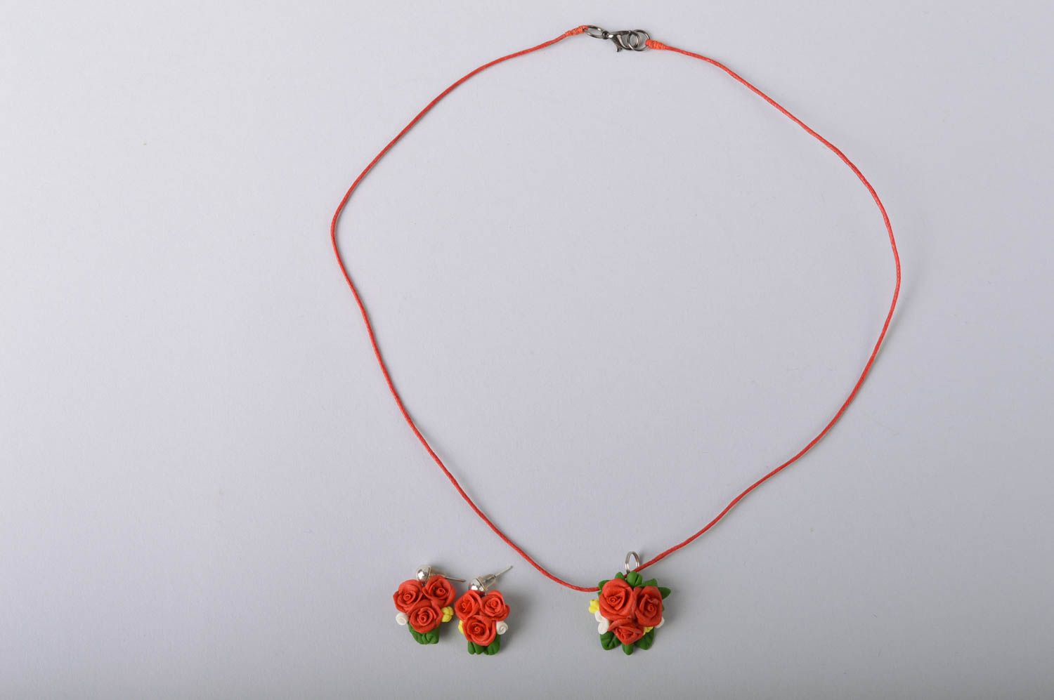 Handmade jewelry set earrings and pendant made of cold porcelain with flowers photo 2