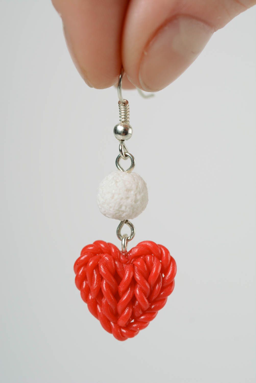 Beautiful bright red handmade designer polymer clay earrings in the shape of hearts photo 2
