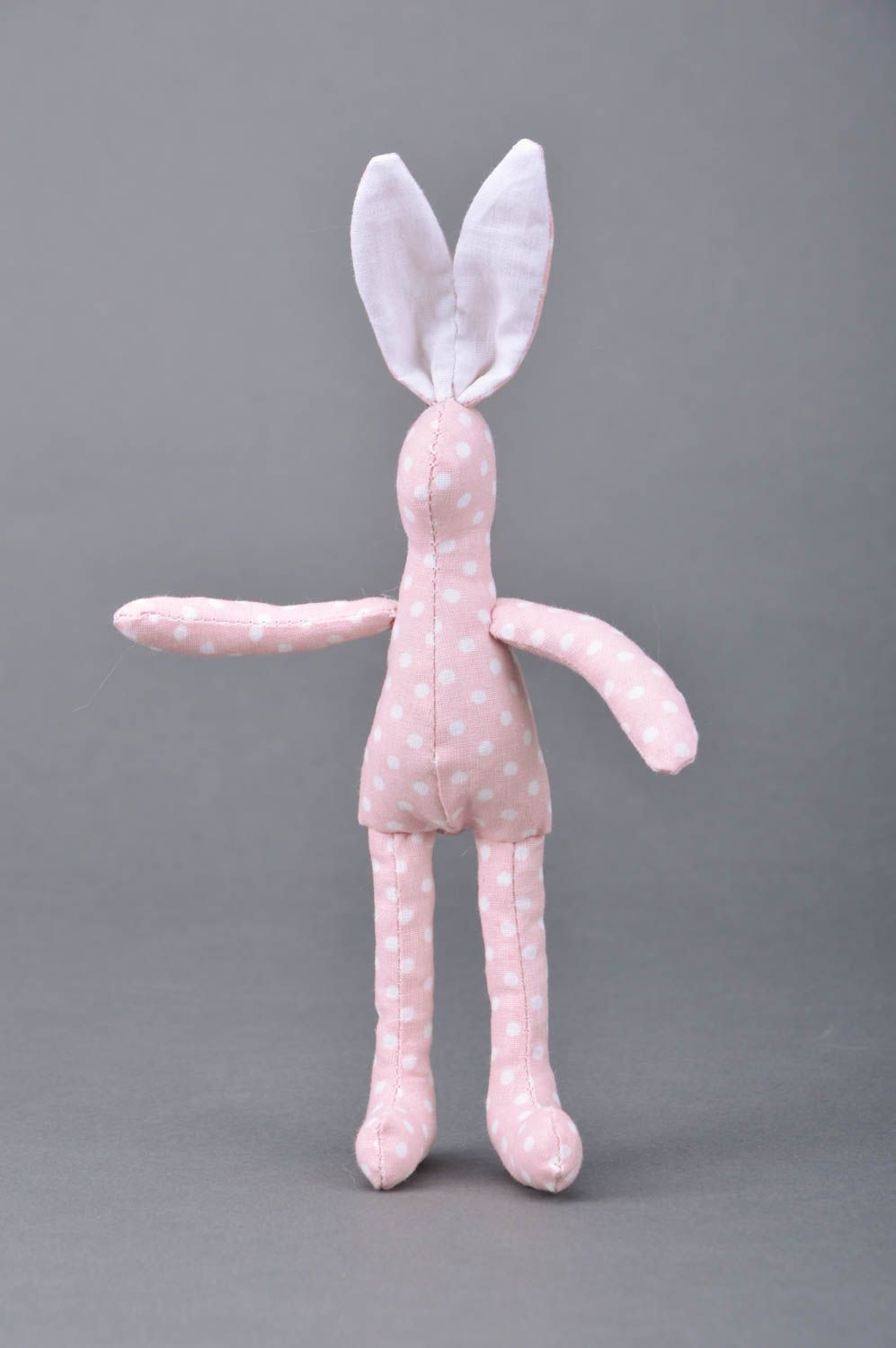 Beautiful handmade fabric soft toy hare of pink color with polka dot pattern photo 5