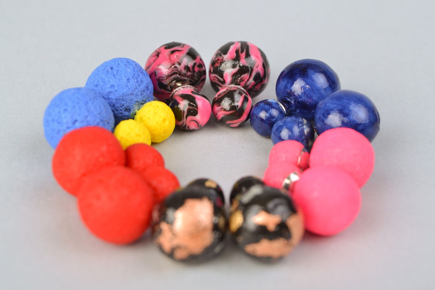 Set of handmade polymer clay earrings of round shape and bright colors 6 pairs photo 5