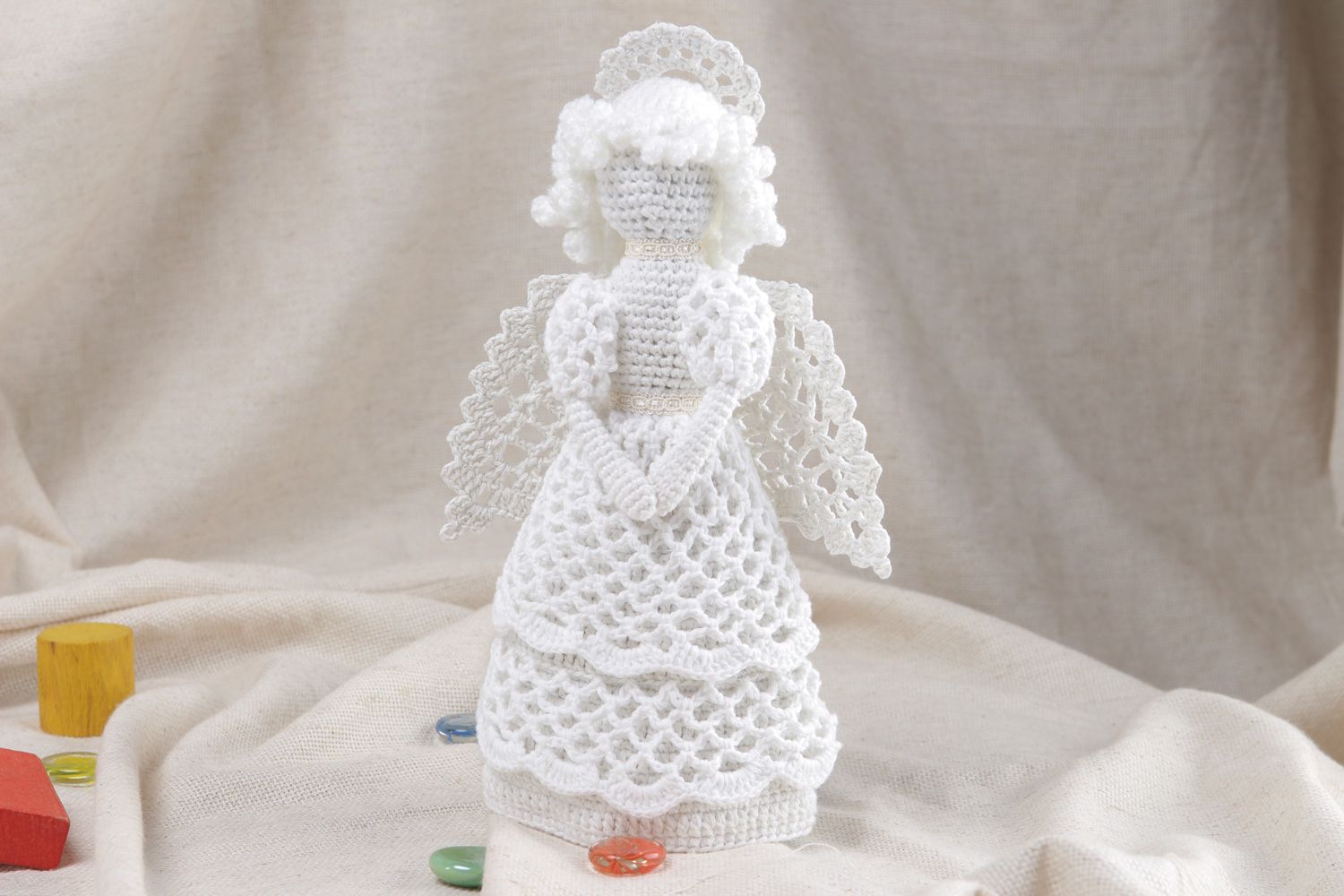 Handmade white interior soft toy angel crocheted of cotton and acrylic threads photo 5