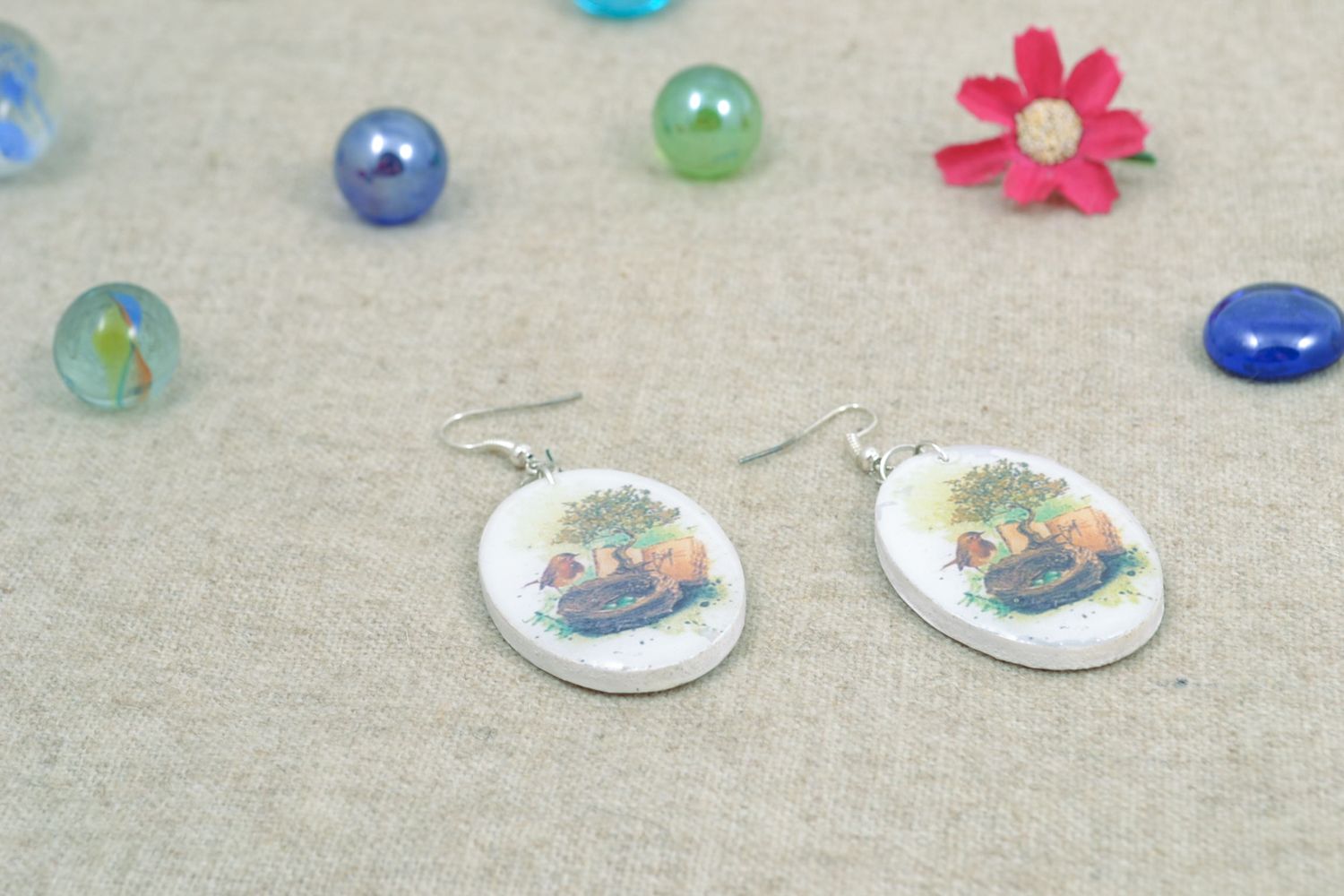 Decoupage oval earrings with drawing photo 1