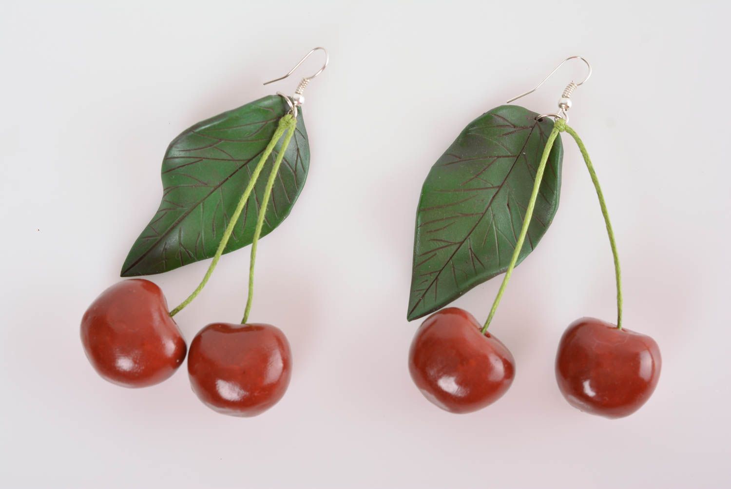 Earrings made of polymer clay in the form of red cherries long handmade jewelry photo 2