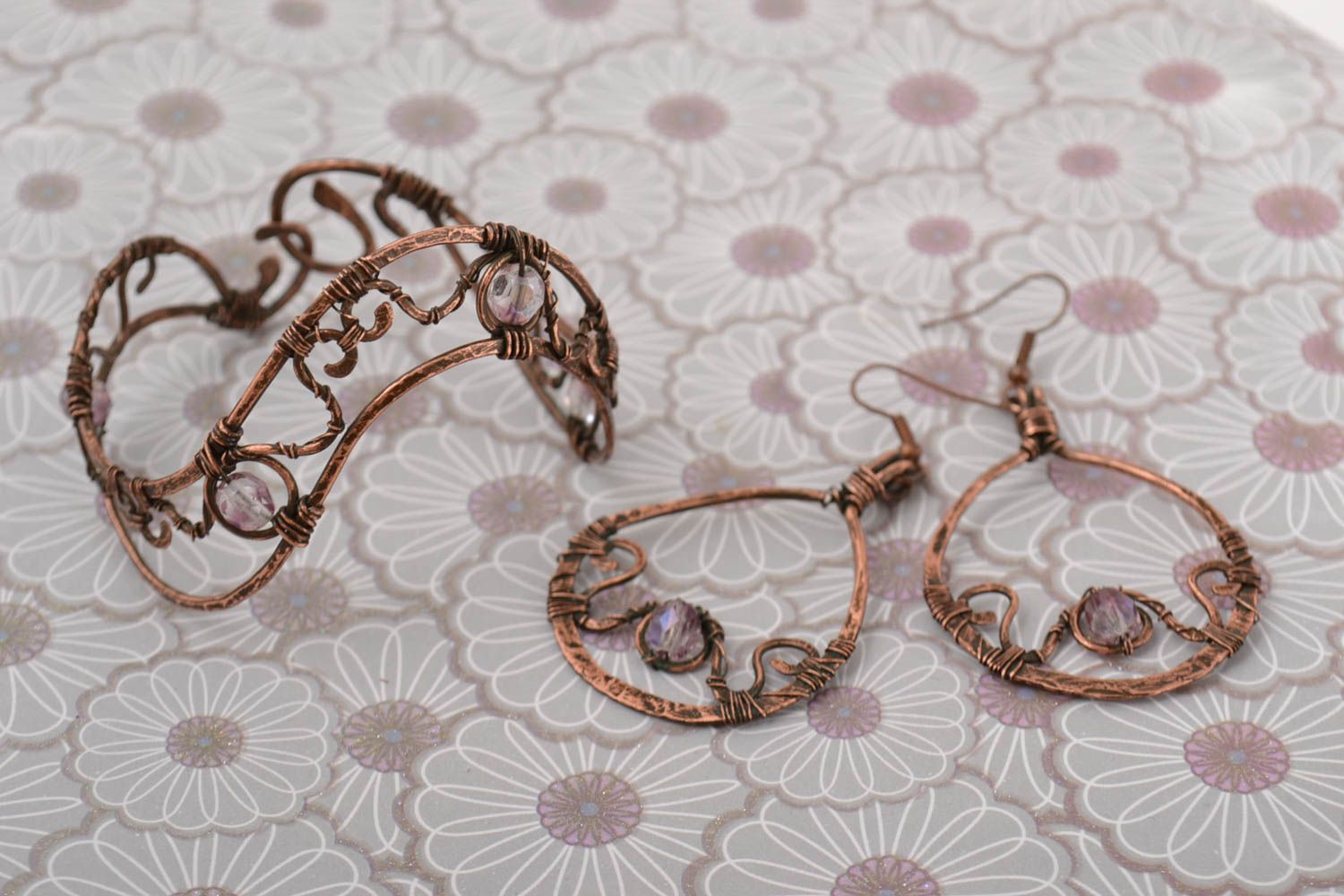 Handmade accessory copper jewelry unusual bracelet long earrings gift ideas photo 1