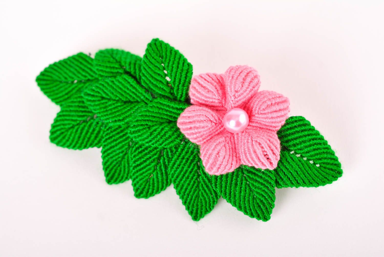 Barrette fleur faite main Accessoire cheveux vert-rose fil de coton Cadeau femme photo 1