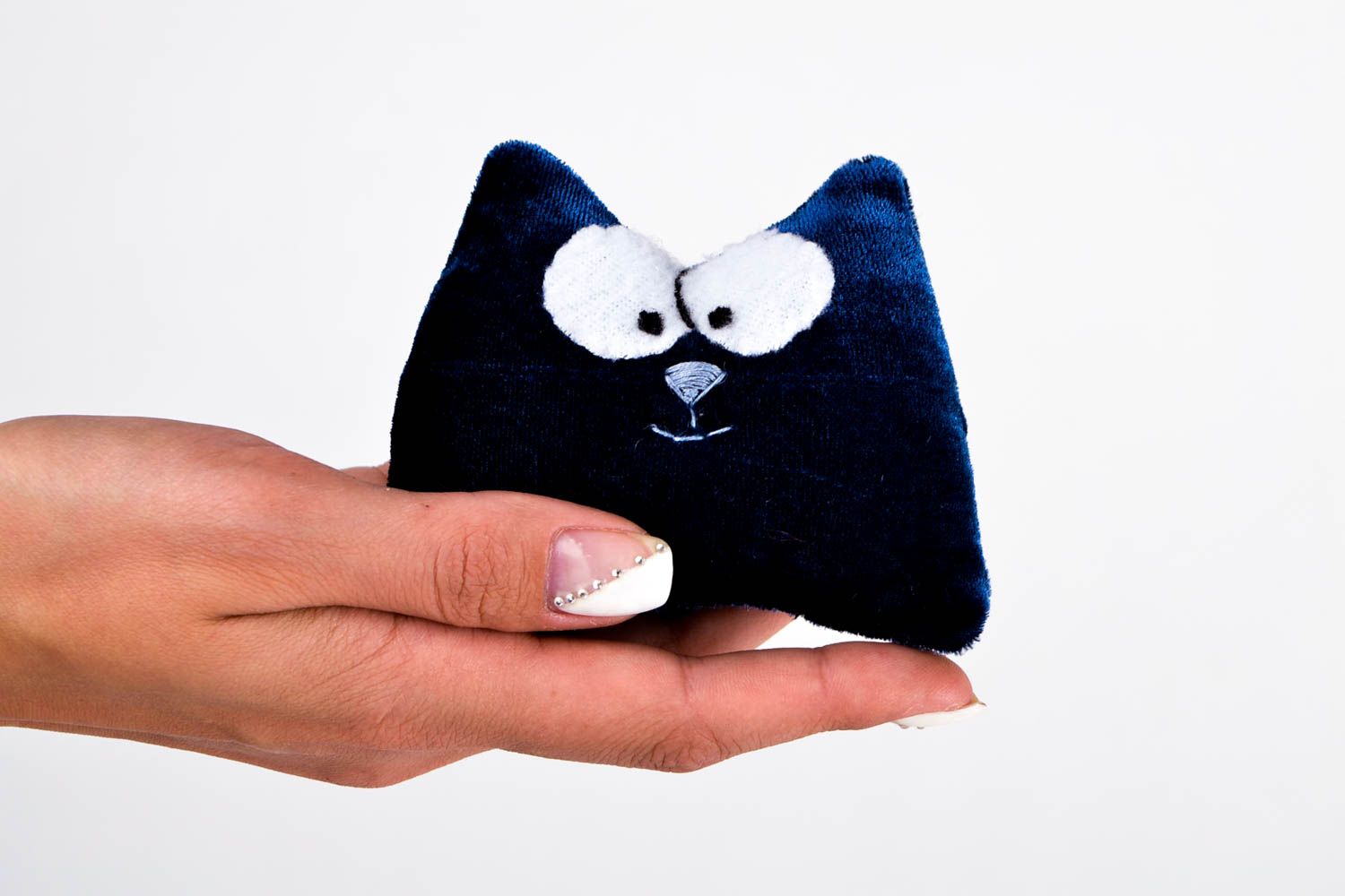 Peluche chat bleu foncé Jouet fait main en velours et polaire Cadeau pour enfant photo 2