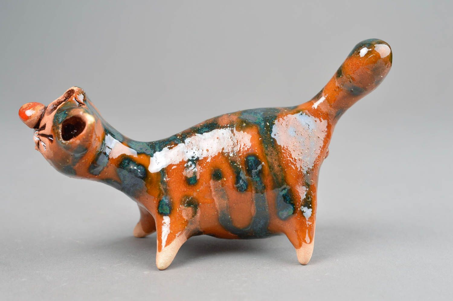 Figurine en argile peinte de glaçure colorée faite main Chat orange rayé photo 2