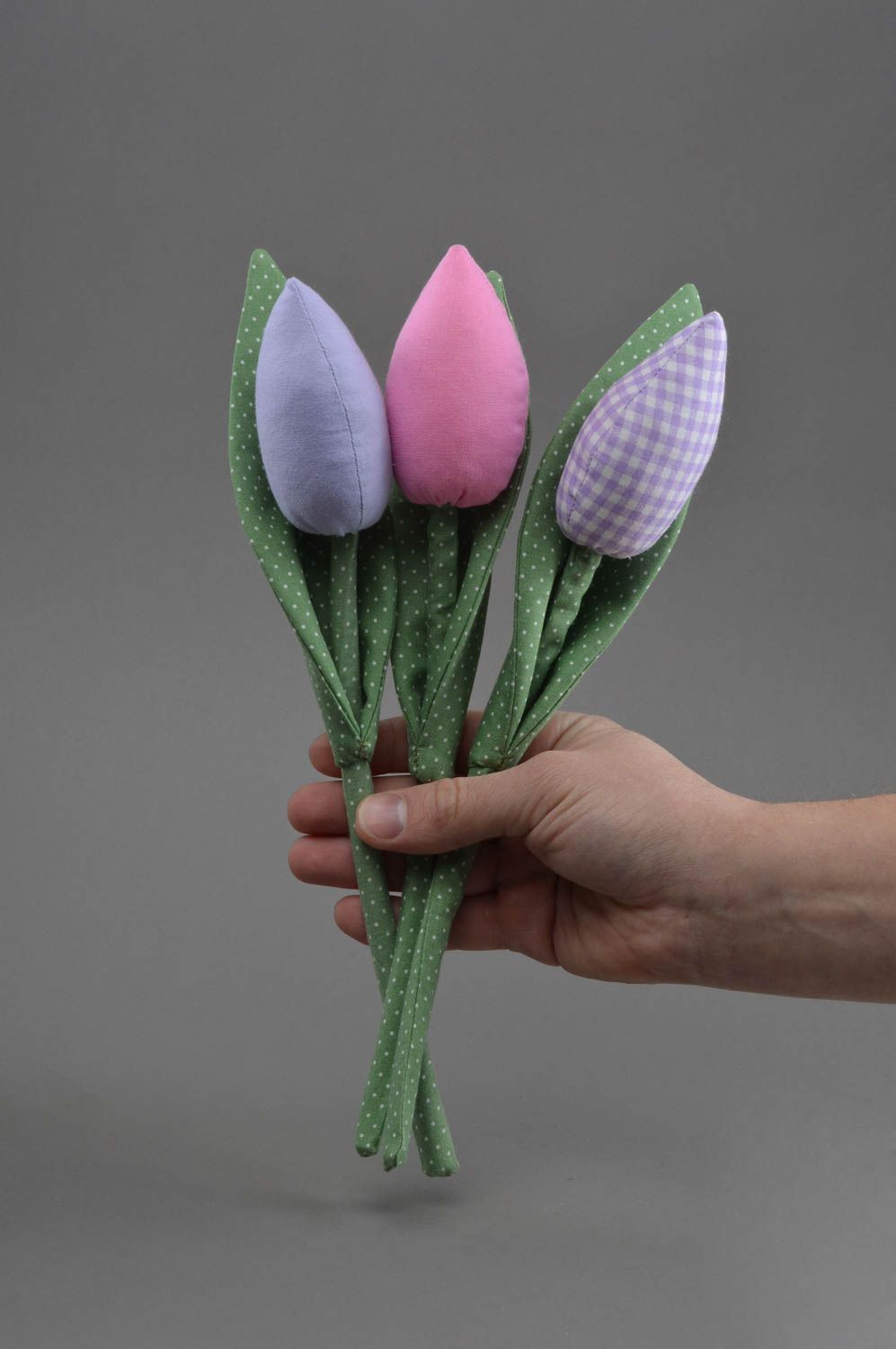 Handmade decorative soft fabric flower tender pink tulip on green stalk interior photo 4