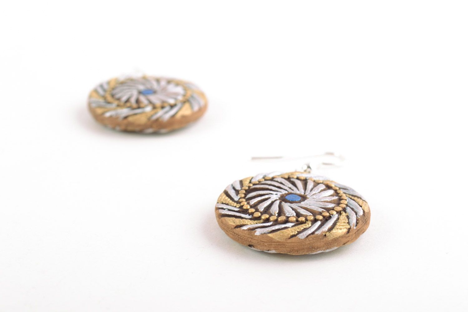 Handmade round ceramic dangling earrings painted in silver and golden colors photo 3