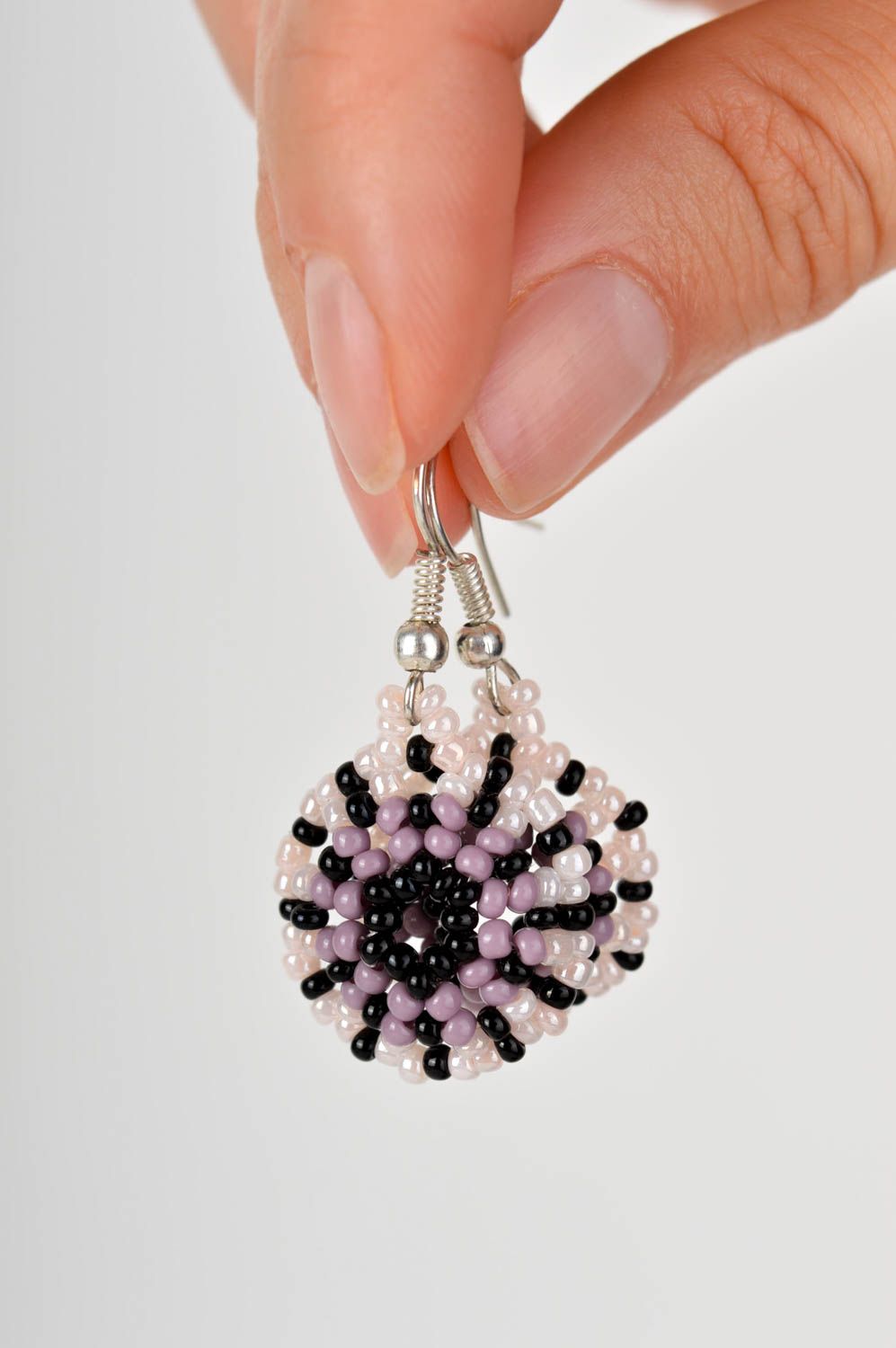 Handmade round earrings unusual beaded earrings lilac designer accessory photo 5